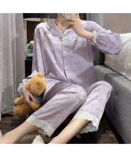 Autumn Winter New Arrival Women's Vintage Palace Style Sleep Set with Lace Flowers and Embroidery in Long Sleeve and Long Pants for Home Wear