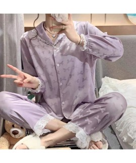 Autumn Winter New Arrival Women's Vintage Palace Style Sleep Set with Lace Flowers and Embroidery in Long Sleeve and Long Pants for Home Wear