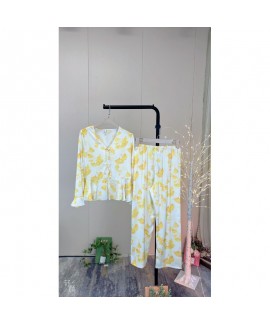 Autumn Winter New Arrival Women's Elegant Ginkgo Blossom Printed Sleep Set in Satin Long Sleeve and Long Pants for Home Wear