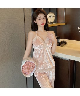 Autumn and Winter New Golden Velvet Women's Sleepwear, Three-piece Nightgown Korean Velvet Pajamas Long Pants Character Lace Trim Home Wear