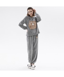 Flannelette Cute Fox and Cat Autumn and Winter Warm Thickening Home Wear Set, Thicker Sleepwear Pants, Maternity Clothes