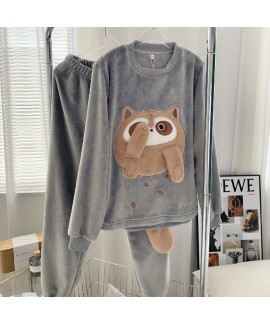 Flannelette Cute Fox and Cat Autumn and Winter Warm Thickening Home Wear Set, Thicker Sleepwear Pants, Maternity Clothes