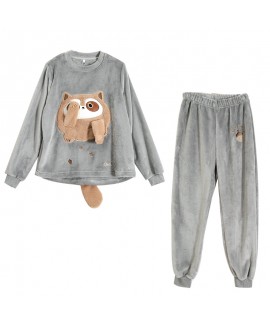 Flannelette Cute Fox and Cat Autumn and Winter Warm Thickening Home Wear Set, Thicker Sleepwear Pants, Maternity Clothes