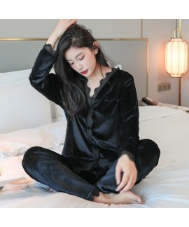 Autumn Winter Women's Velvet Golden Velvet Long-Sleeved Lace Trimmed Korean Velvet Loose Double Long Home Clothes Suit Wearable