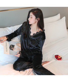 Autumn Winter Women's Velvet Golden Velvet Long-Sleeved Lace Trimmed Korean Velvet Loose Double Long Home Clothes Suit Wearable