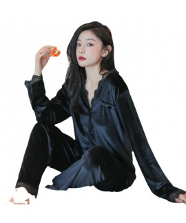 Autumn Winter Women's Velvet Golden Velvet Long-Sleeved Lace Trimmed Korean Velvet Loose Double Long Home Clothes Suit Wearable