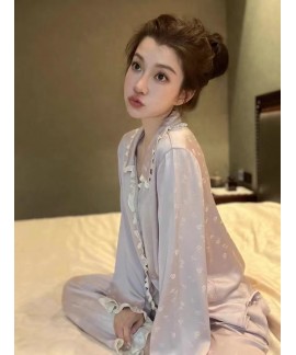 Ice Silk Pajama Set for Women in 2023 New Arrival with Pure China Style Long Sleeve in Sweet Temperament for Outdoor Wear