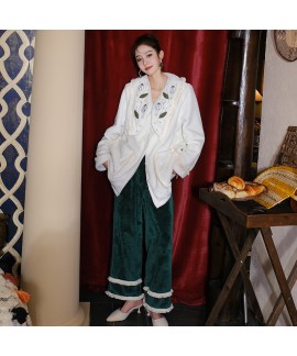 Silver thread embroidery large lapel pajamas two-piece suit can be worn outside flannel home service coral fleece long-sleeved new