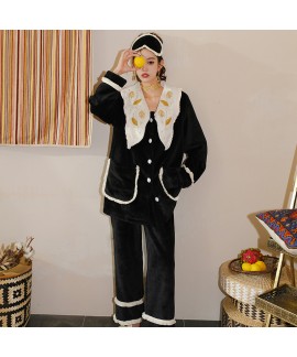 Silver thread embroidery large lapel pajamas two-piece suit can be worn outside flannel home service coral fleece long-sleeved new