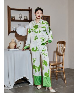 2023 Spring and Autumn New Floating Light and Glimpse High-end Ice Silk Two-piece Set Can Be Worn Out Home Clothes Long-sleeved Pajamas Set