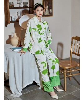 2023 Spring and Autumn New Floating Light and Glimpse High-end Ice Silk Two-piece Set Can Be Worn Out Home Clothes Long-sleeved Pajamas Set