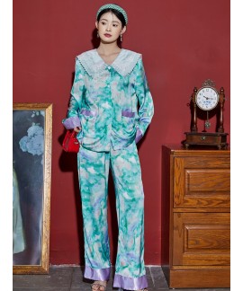 Loose pajamas women's spring and autumn long-sleeved ice silk fashion lapel large size Chinese style home service 2023 new