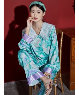 Loose pajamas women's spring and autumn long-sleeved ice silk fashion lapel large size Chinese style home service 2023 new