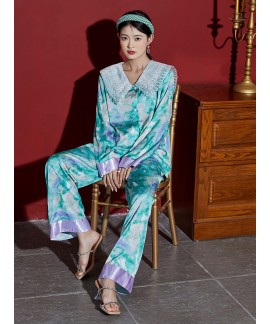 Loose pajamas women's spring and autumn long-sleeved ice silk fashion lapel large size Chinese style home service 2023 new