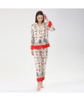 2023 new positioning printing ice silk pajamas women's long-sleeved trousers two-piece suit imitation silk home clothes can be worn outside