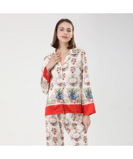 2023 new positioning printing ice silk pajamas women's long-sleeved trousers two-piece suit imitation silk home clothes can be worn outside