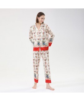 2023 new positioning printing ice silk pajamas women's long-sleeved trousers two-piece suit imitation silk home clothes can be worn outside