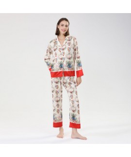 2023 new positioning printing ice silk pajamas women's long-sleeved trousers two-piece suit imitation silk home clothes can be worn outside