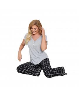 Amazon European and American pajamas women's spring and summer short-sleeved plaid pajamas home service set wholesale ebay