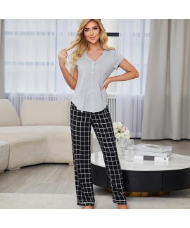 Amazon European and American pajamas women's spring and summer short-sleeved plaid pajamas home service set wholesale ebay