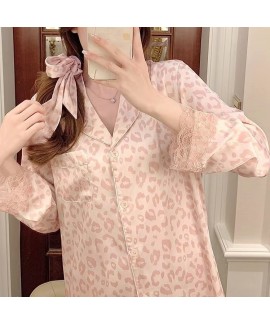 Ice Silk Pajama Set for Women in 2023 New Arrival with Pink Leopard Sleeve in Temperament for Outdoor Wear with Hairband and Hairtie Gift