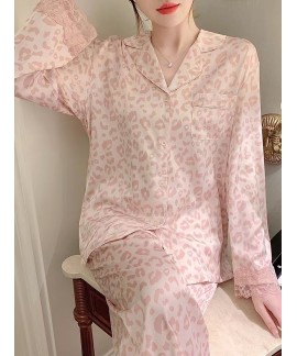 Ice Silk Pajama Set for Women in 2023 New Arrival with Pink Leopard Sleeve in Temperament for Outdoor Wear with Hairband and Hairtie Gift