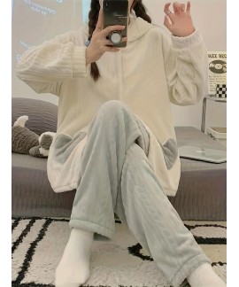 Long Sleeve Hooded Cartoon Bunny Fuzzy Pajama Set