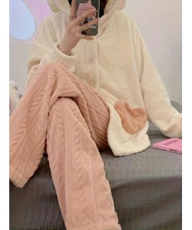 Long Sleeve Hooded Cartoon Bunny Fuzzy Pajama Set