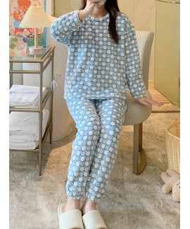 Long Sleeve Crew Neck Polka Dot Fuzzy Pajama Set