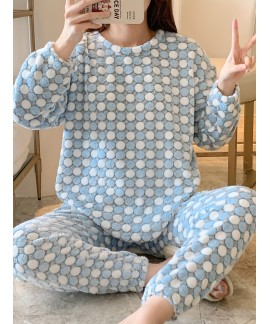 Long Sleeve Crew Neck Polka Dot Fuzzy Pajama Set