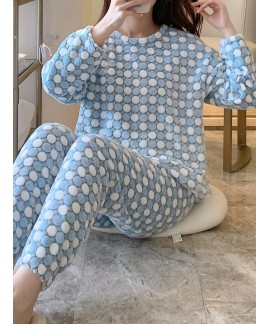 Long Sleeve Crew Neck Polka Dot Fuzzy Pajama Set