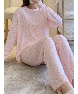 Long Sleeve Crew Neck Heart Print Pajama Set Women's Sleepwear