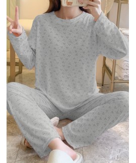 Long Sleeve Crew Neck Heart Print Pajama Set Women's Sleepwear