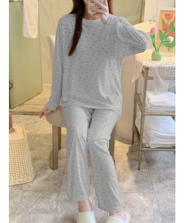 Long Sleeve Crew Neck Heart Print Pajama Set Women's Sleepwear