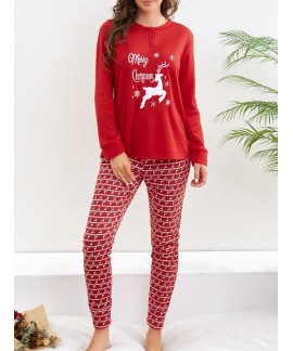 Long Sleeve Crew Neck Christmas Elk Print Women Pajama Set