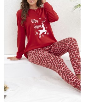 Long Sleeve Crew Neck Christmas Elk Print Women Pajama Set