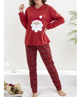 Long Sleeve Crew Neck Santa Claus Print ladies Pajama Set