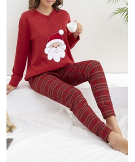 Long Sleeve Crew Neck Santa Claus Print ladies Pajama Set