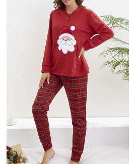 Long Sleeve Crew Neck Santa Claus Print ladies Pajama Set