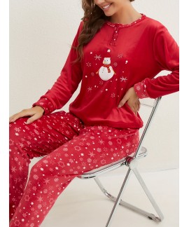Long Sleeve Crew Neck Snowflake Print women Pajama Set
