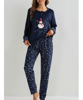 Long Sleeve Crew Neck Snowflake Print women Pajama Set