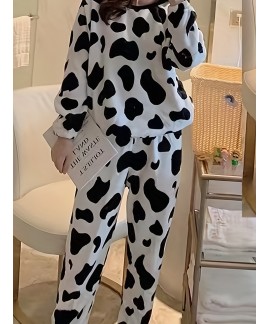 Cute Long Sleeve Crew Neck Cow Spots Print Pajama Set