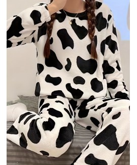 Cute Long Sleeve Crew Neck Cow Spots Print Pajama Set