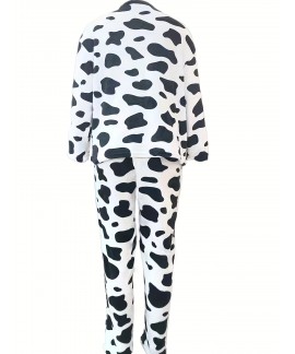 Cute Long Sleeve Crew Neck Cow Spots Print Pajama Set