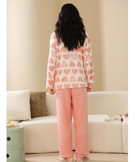 Long Sleeve Crew Neck Heart Print Fuzzy women Pajama Set