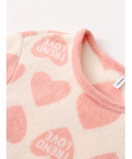 Long Sleeve Crew Neck Heart Print Fuzzy women Pajama Set
