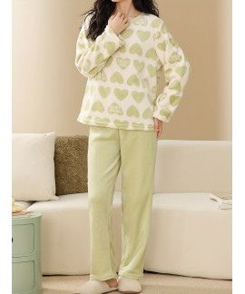 Long Sleeve Crew Neck Heart Print Fuzzy women Pajama Set