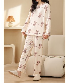 Long Sleeve Crew Neck Cartoon Bunny Print women Pajama Set