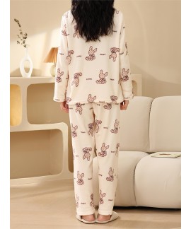 Long Sleeve Crew Neck Cartoon Bunny Print women Pajama Set
