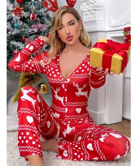 Casual V Neck Long Sleeve Christmas Deer Print Pajama Set